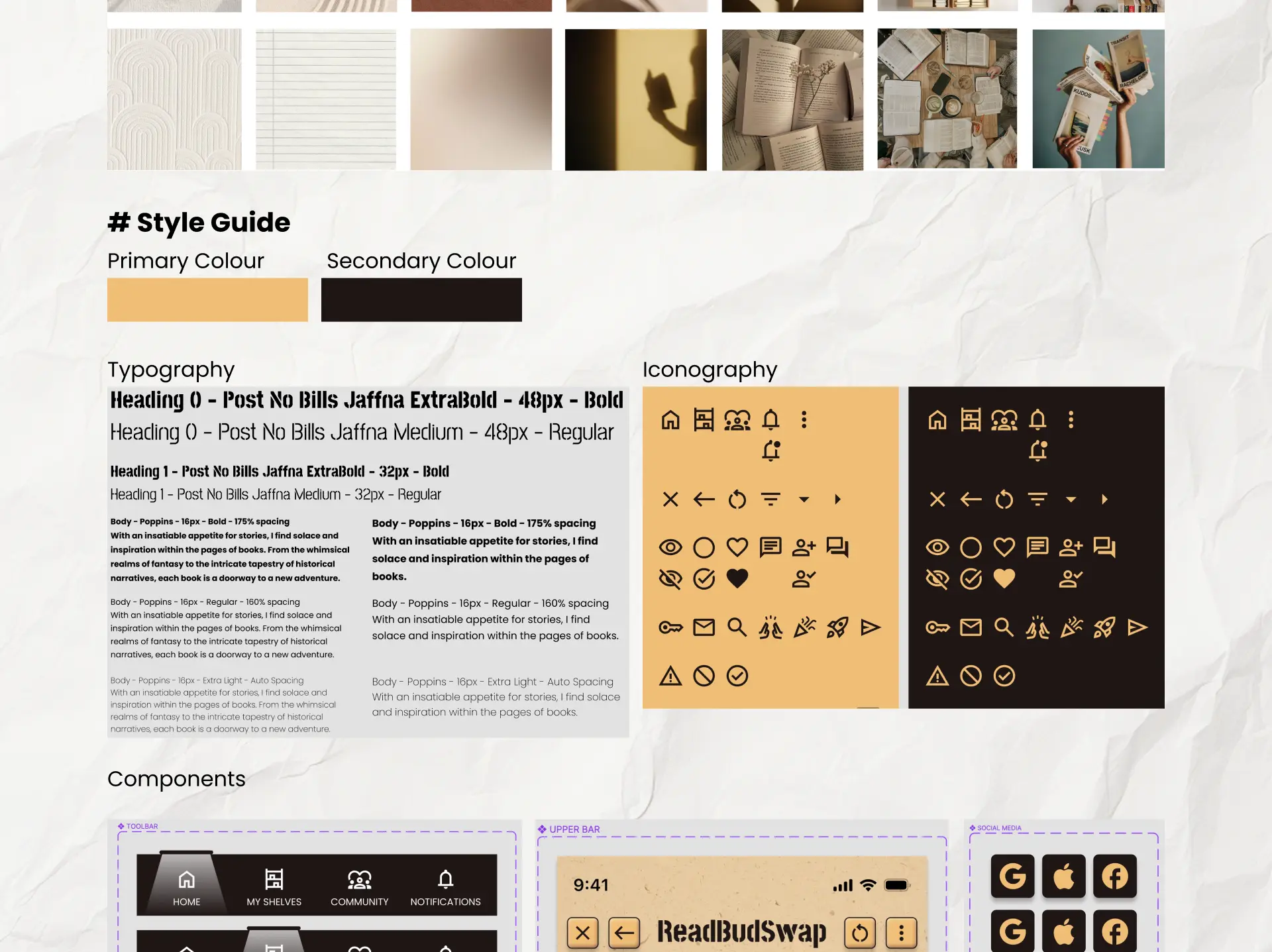 Moodboard, project values and style guide with colours, typography, iconography and components