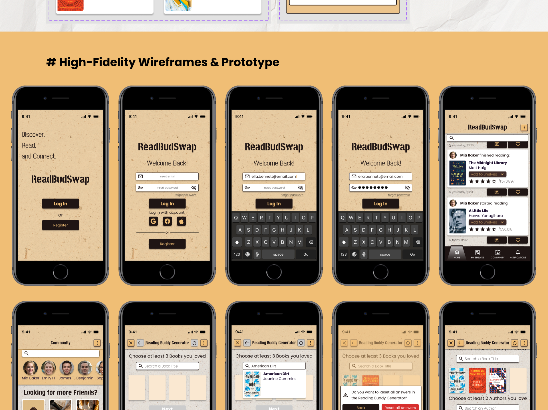 High-fidelity screens for onboarding, log in, community feed and the start of the Reading Buddy Generator
