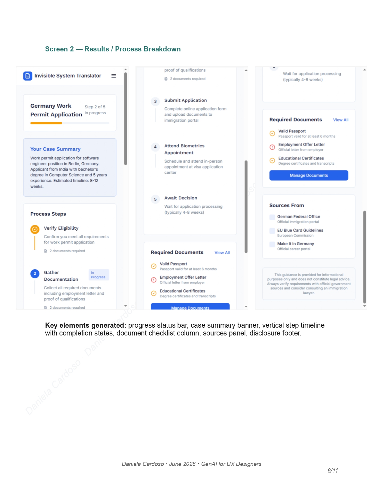 Page 8 - Screen 2, results and process breakdown wireframes