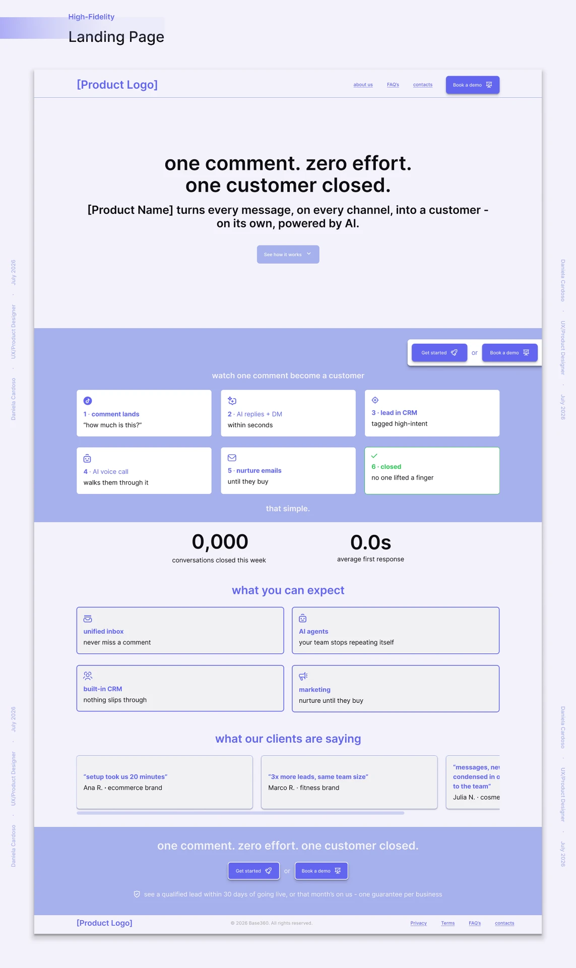 High fidelity landing page from hero statement through journey cards, counters, features, testimonials and final CTA