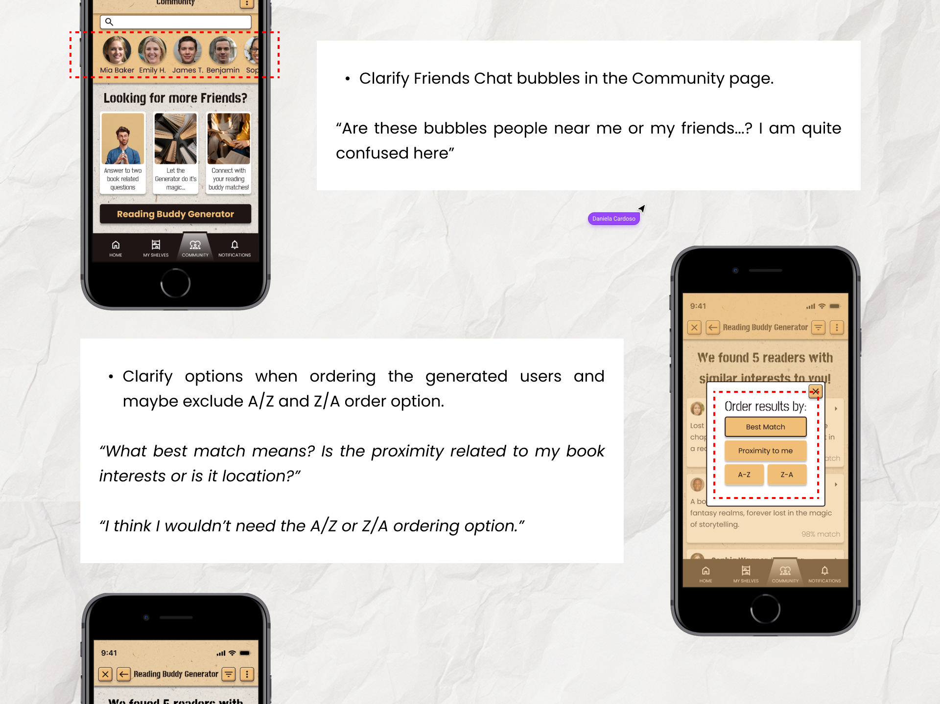 Findings board on community chat bubbles and the ordering options in the generator