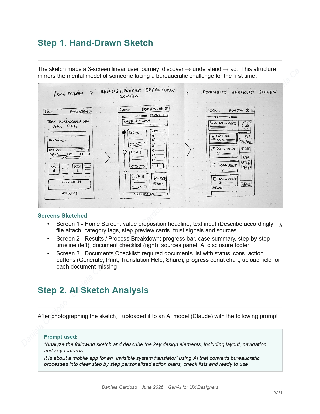 Page 3 - Step 1 hand-drawn sketch and Step 2 AI sketch analysis prompt