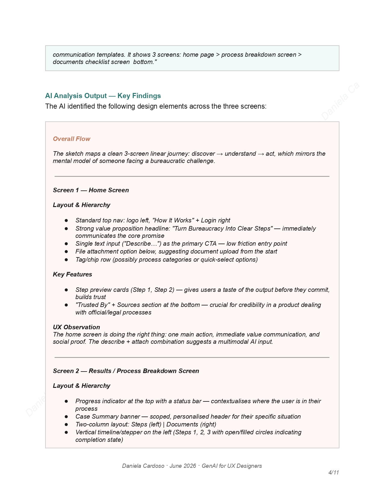 Page 4 - AI analysis output, key findings for screens 1 and 2