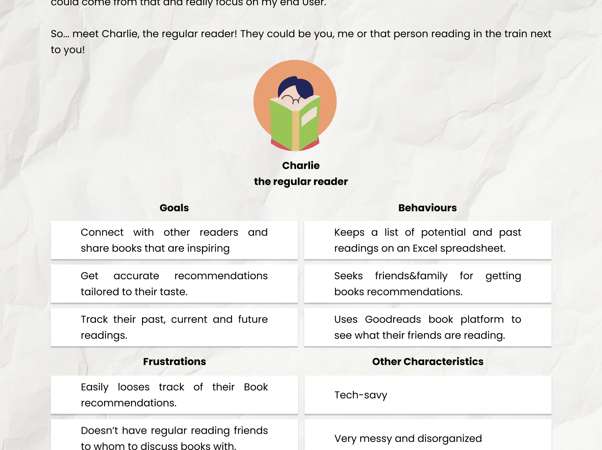 Archetype board for Charlie the regular reader with goals, behaviours, frustrations and characteristics