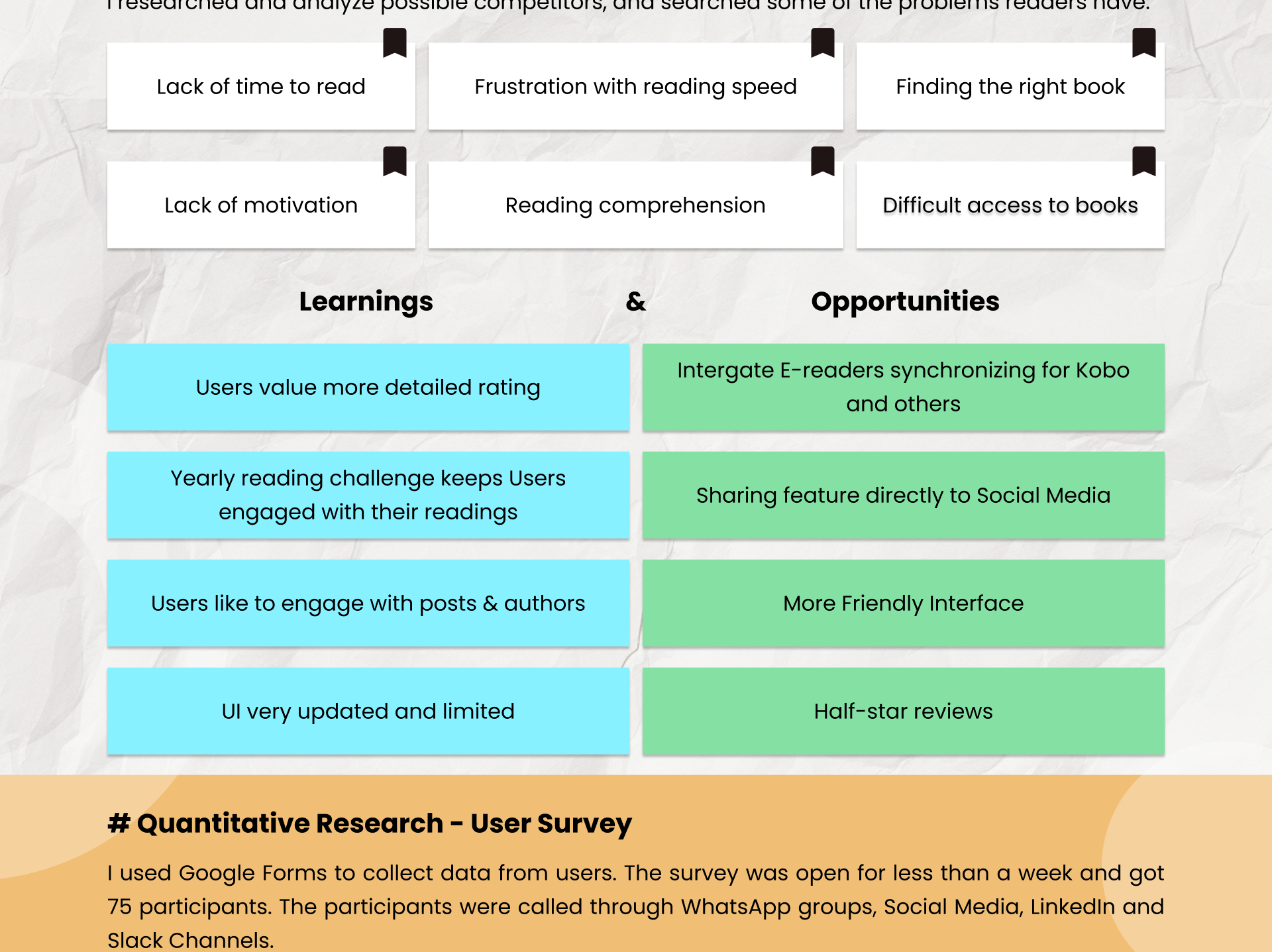 Learnings and opportunities board including Kobo integration and half-star reviews