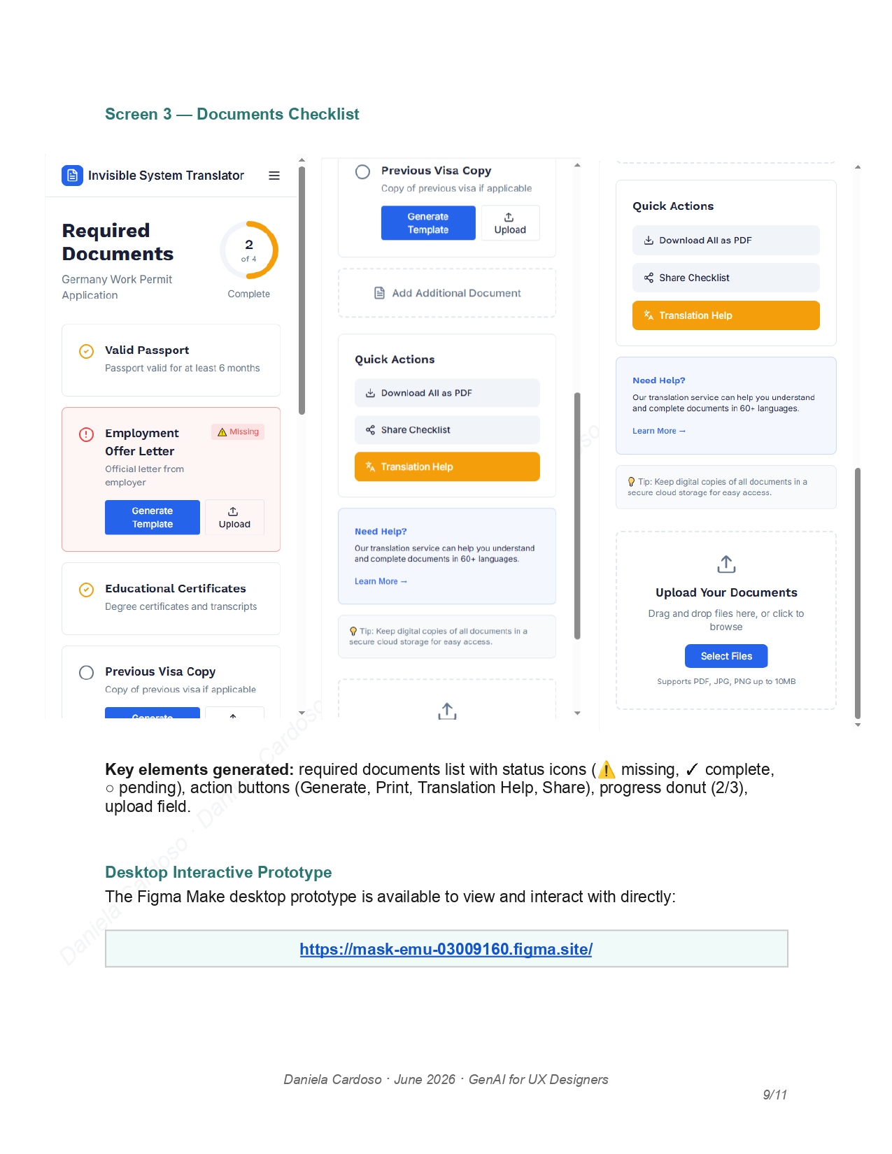 Page 9 - Screen 3, documents checklist and desktop prototype link