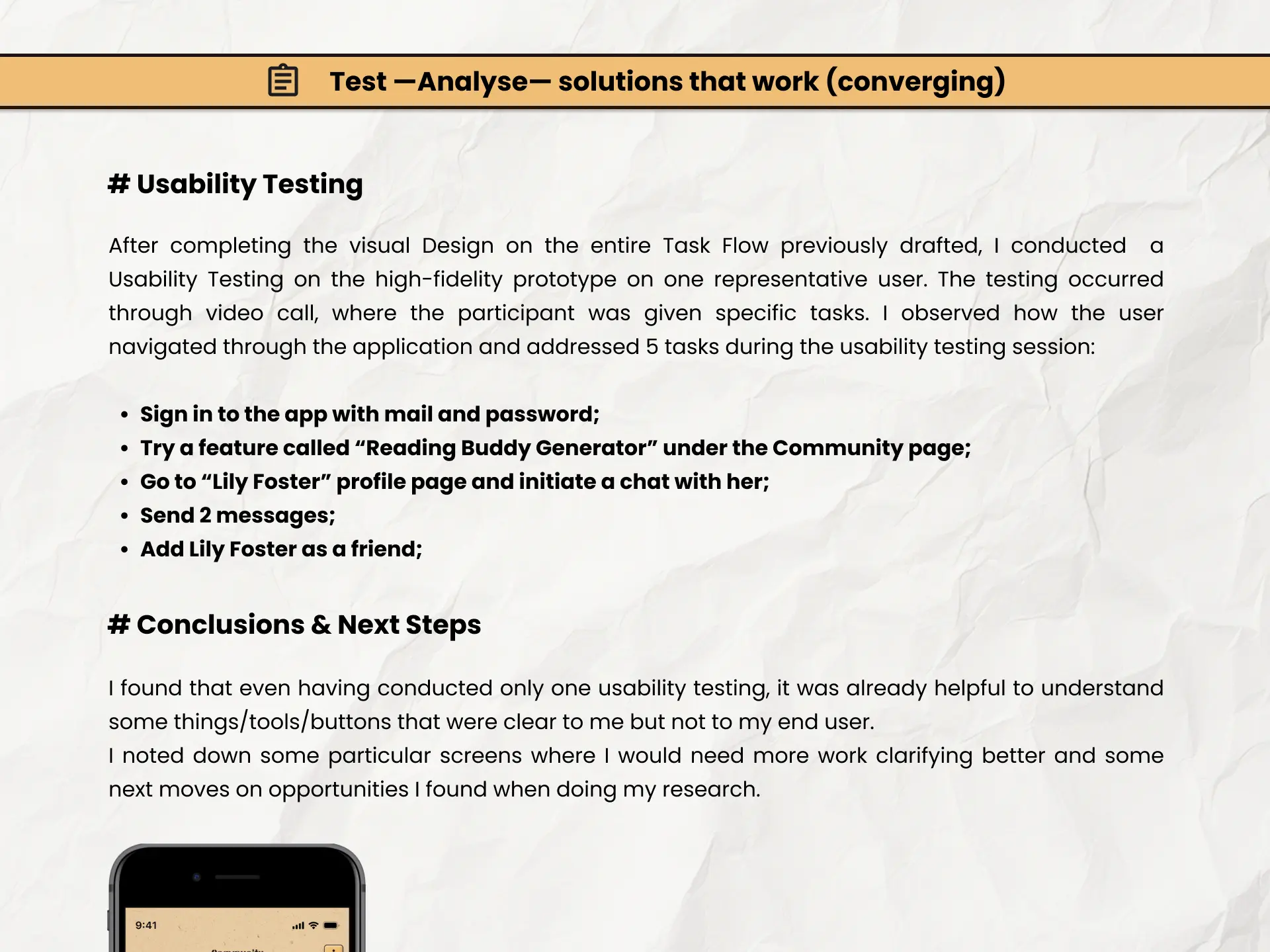 Usability testing method board listing the five tasks and the conclusions