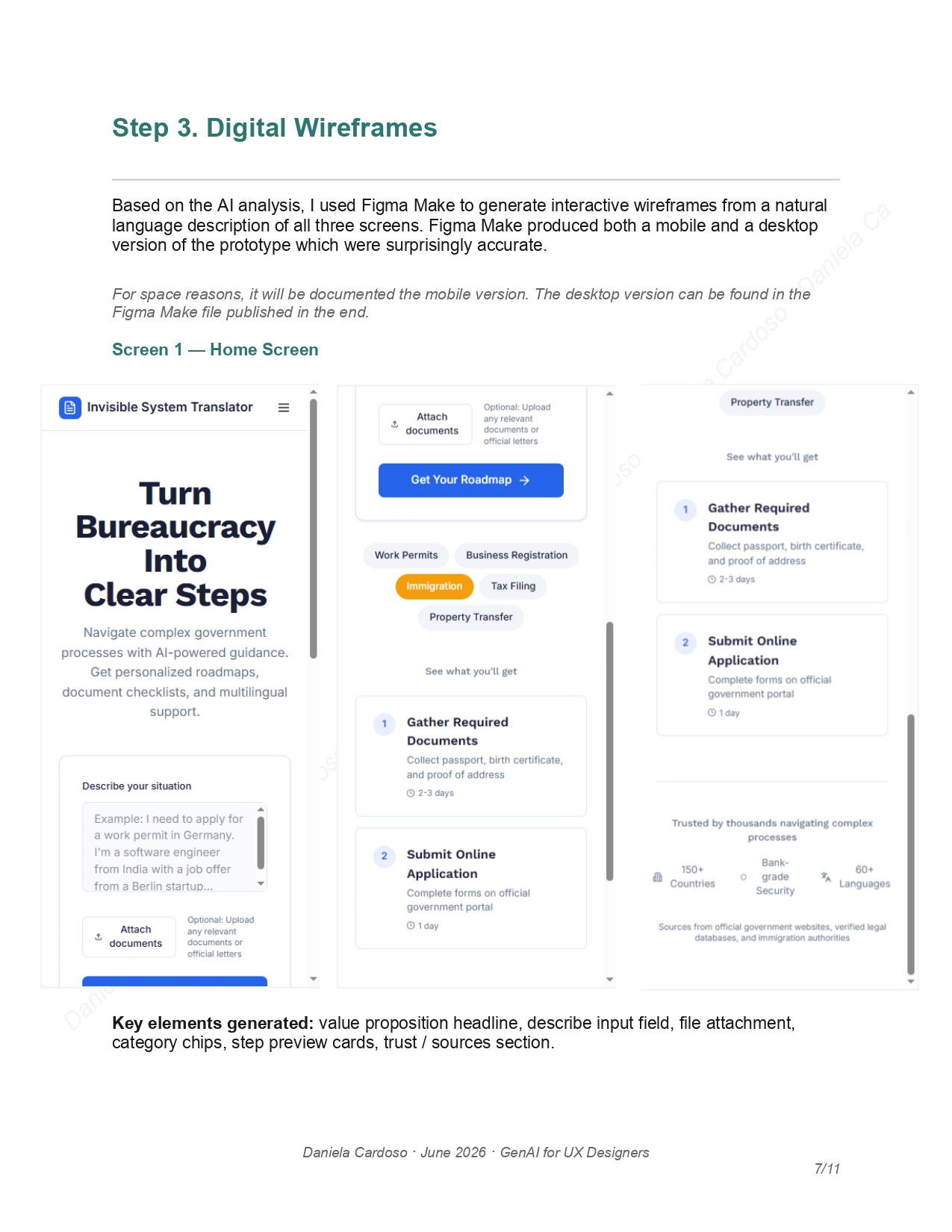 Page 7 - Step 3 digital wireframes, home screen