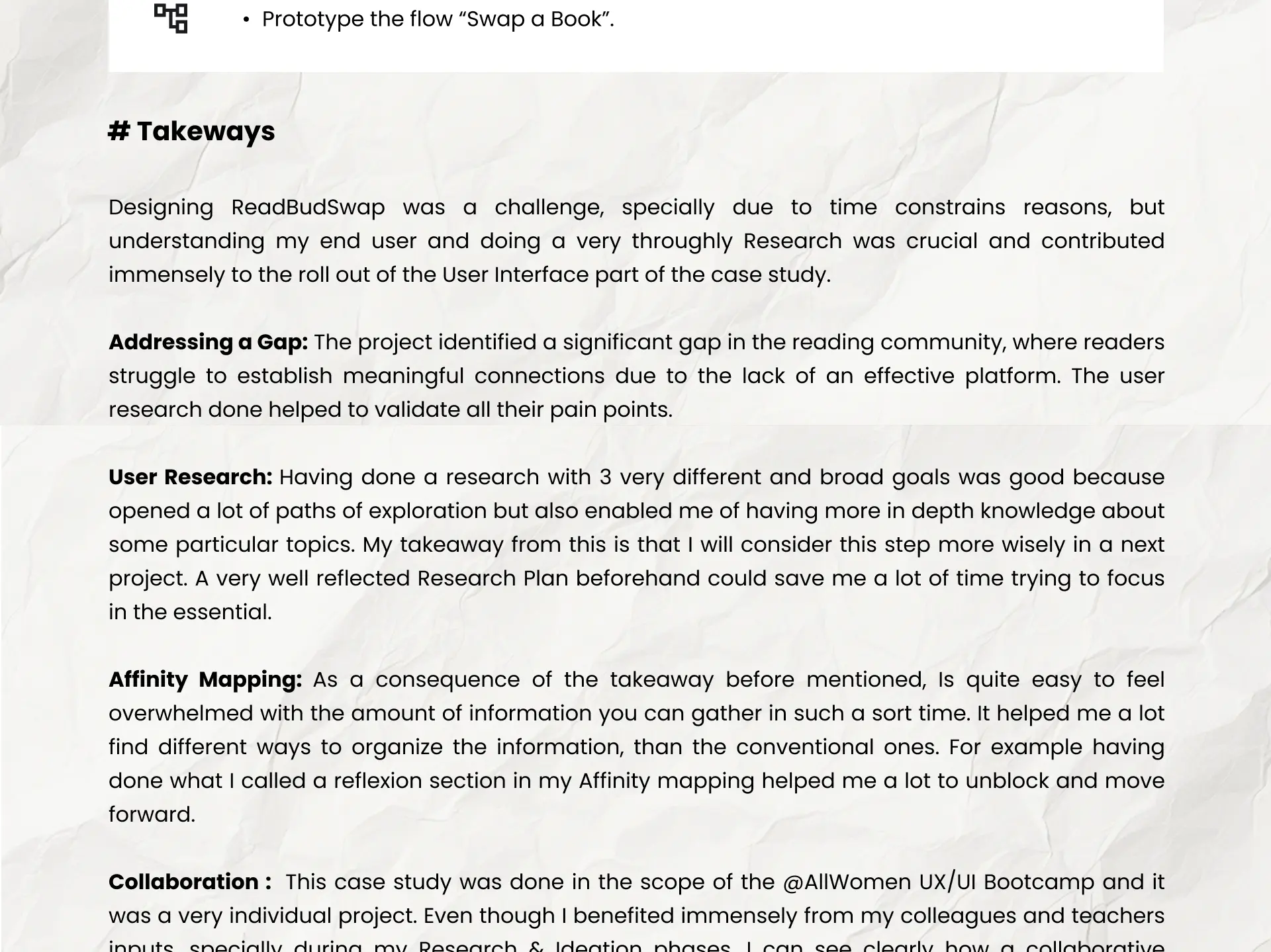 Takeaways board covering the gap addressed, user research scope, affinity mapping and collaboration