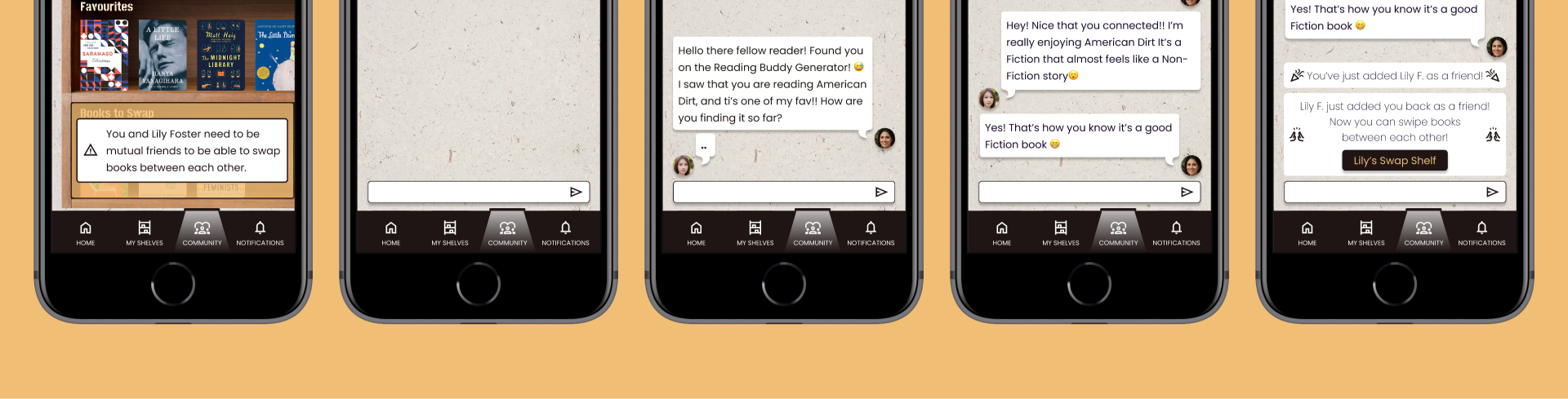High-fidelity chat screens and the mutual friend requirement for swapping books