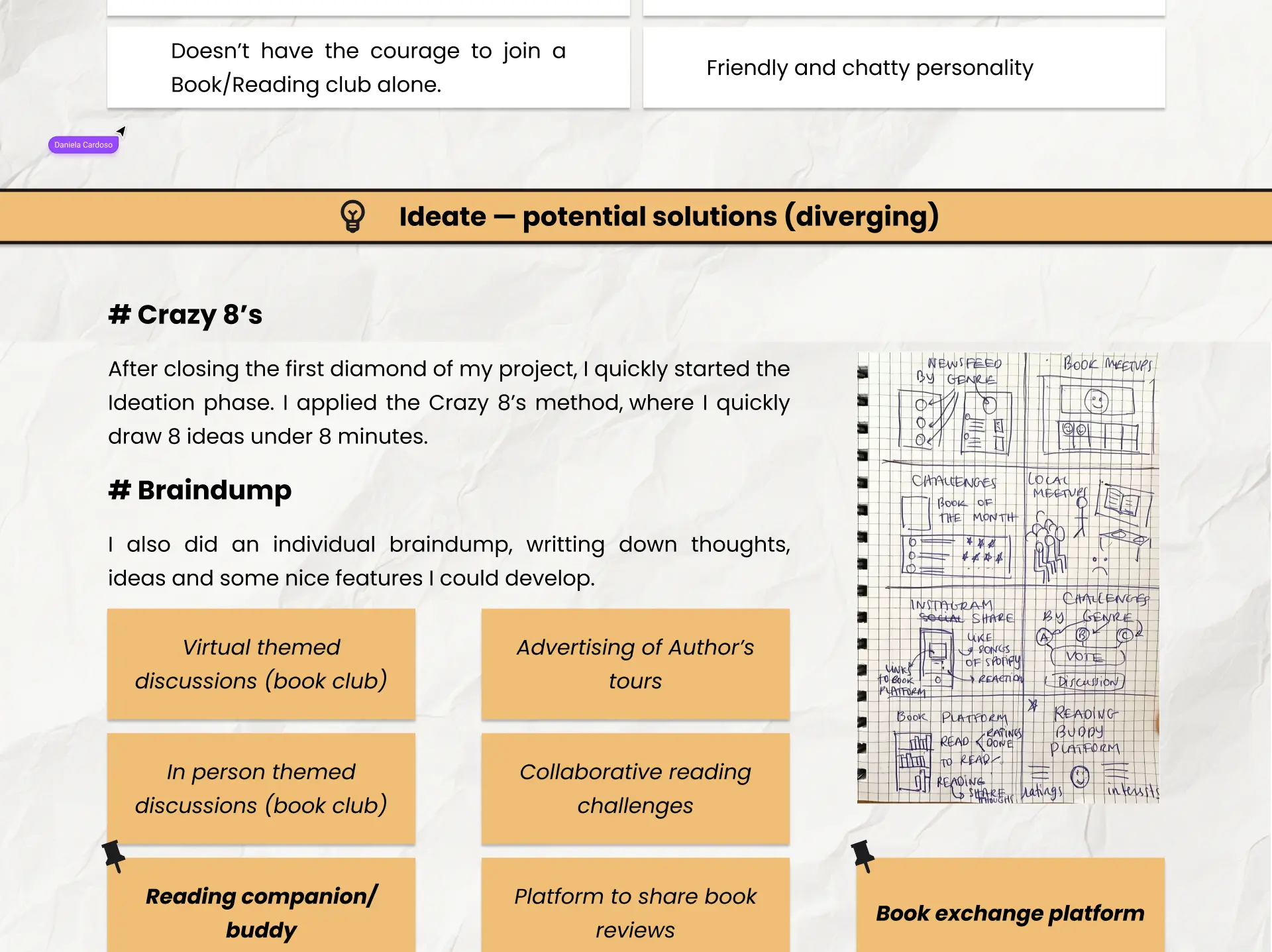 Crazy 8's sketch sheet and braindump of feature ideas on sticky notes