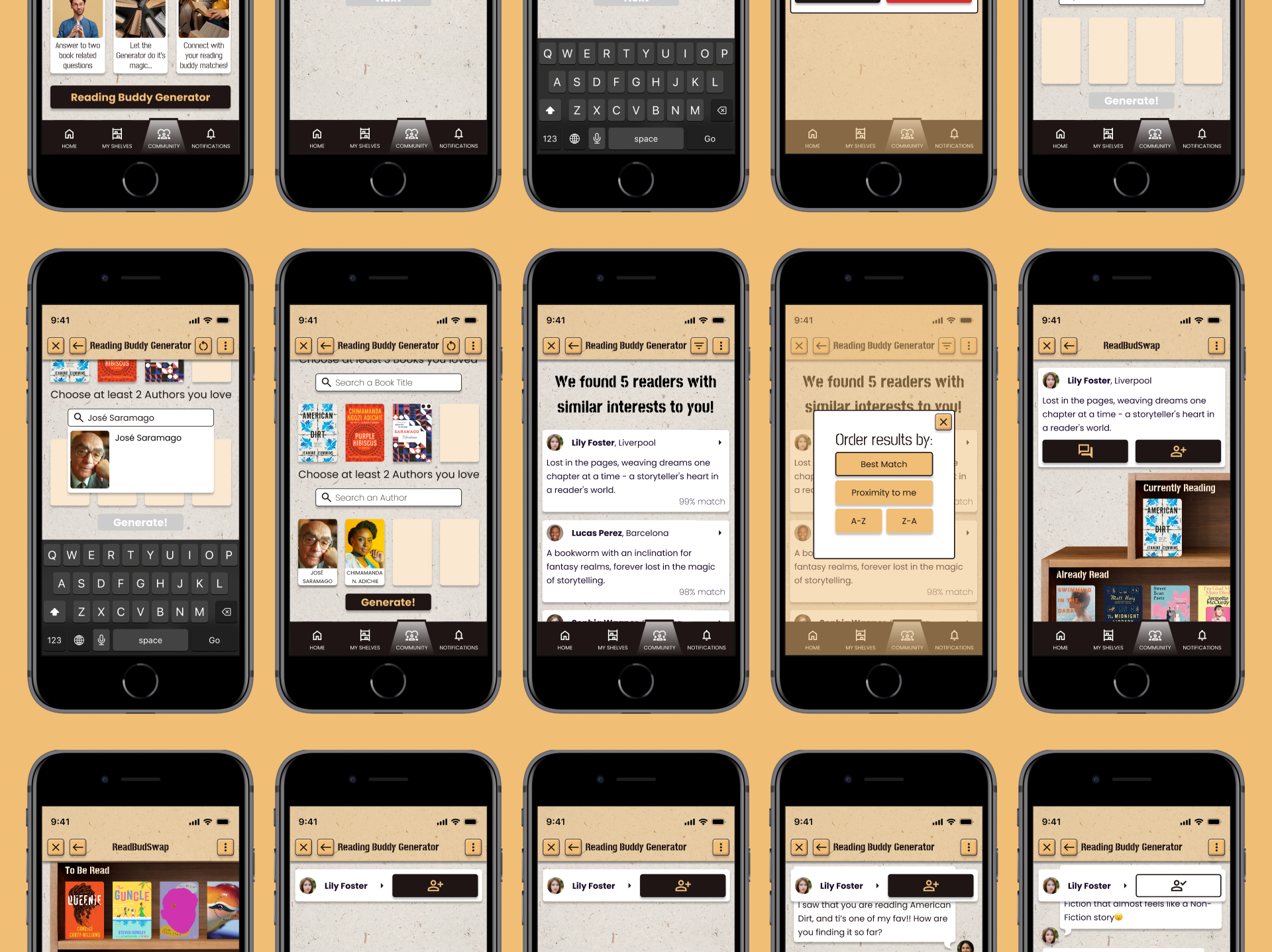High-fidelity screens for author selection, generated matches, ordering options and chat
